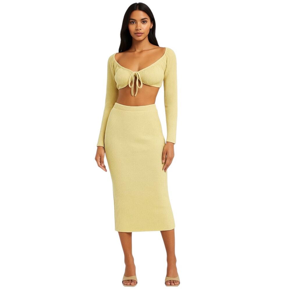 Sabo Yellow Waffle Knit Long Sleeve Crop Top Pencil Midi Skirt 2 Pc Set Size 6